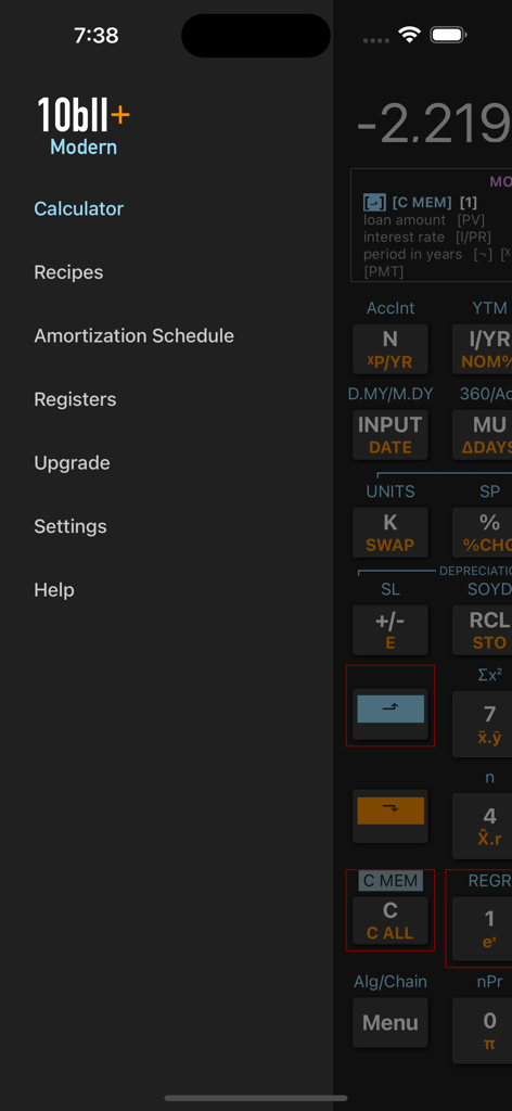 Navigation sidebar of the 10bII+ Modern financial calculator app showing menu options like Recipes and Amortization Schedule