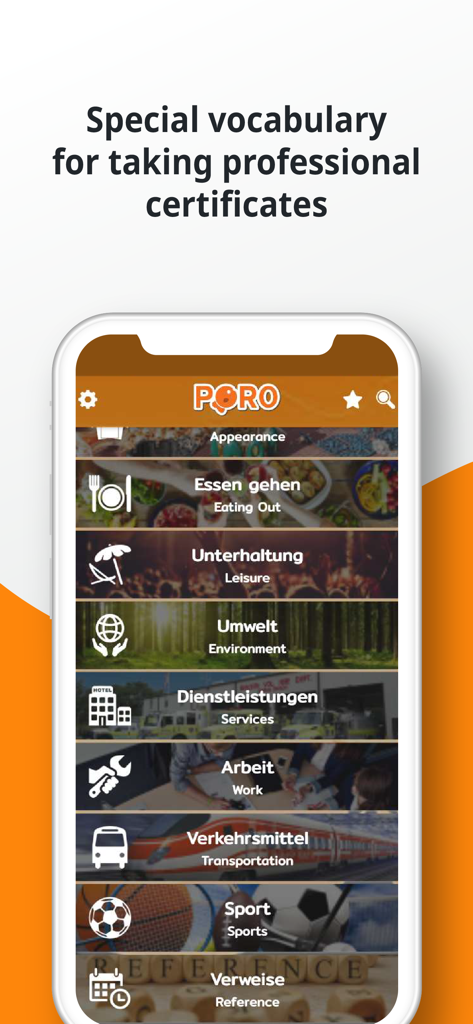 PORO - German Vocabulary - Eine Liste von thematischen deutschen Vokabelkategorien für die berufliche Prüfungsvorbereitung, einschließlich Arbeit, Transport und Umwelt