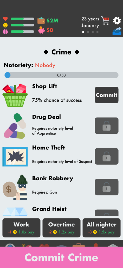 Menú de crimen en el juego El Simulador de Vida que muestra opciones para robo en tiendas, tráfico de drogas y robo de bancos