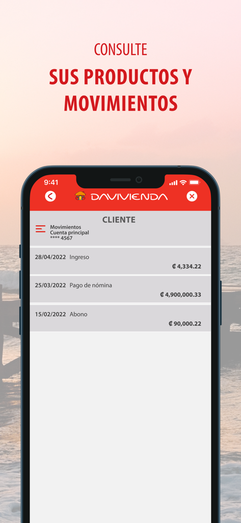 Davivienda Costa Rica - Pantalla de smartphone que muestra el historial de transacciones en la aplicación bancaria Davivienda Costa Rica