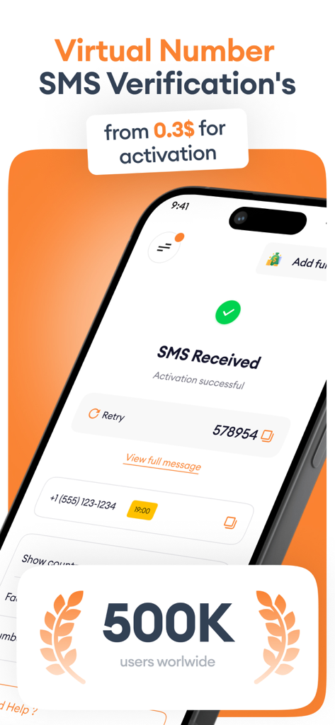Smartphone screen displaying a successful SMS verification code for a virtual second phone number.