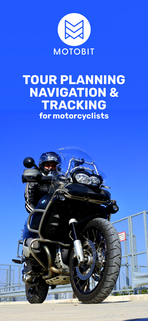 Motobit motorcycle navigation - Motorcyclist on a touring bike promoting Motobit navigation and tracking app.