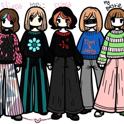 draw a group of six girls with baggy sweaters and bell bottoms