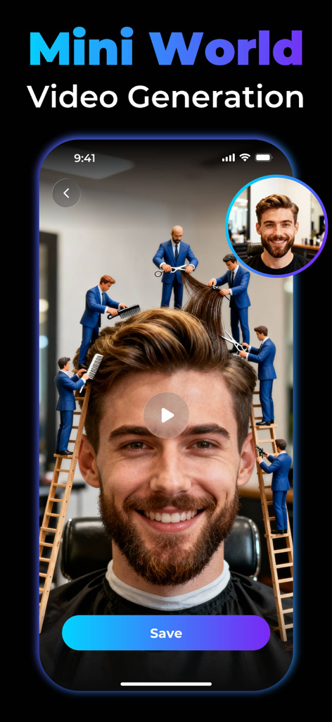 AI Video Generator, AI Filmix - AI generated mini world video of tiny people cutting a man's hair