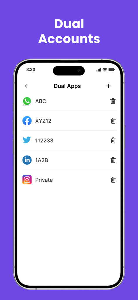 Interfaz mostrando múltiples cuentas sociales clonadas como WhatsApp y Facebook en una sola pantalla de iPhone