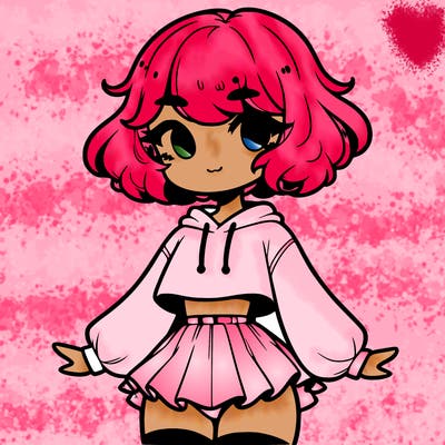 cute femboy with short, fluffy hair that softly frames their face, wearing a cropped hoodie, paired with a flouncy short skirt, and thigh-high stockings