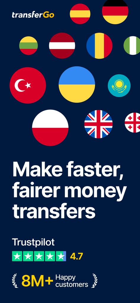 Interface de l'application TransferGo affichant des drapeaux internationaux et un message sur les transferts d'argent rapides