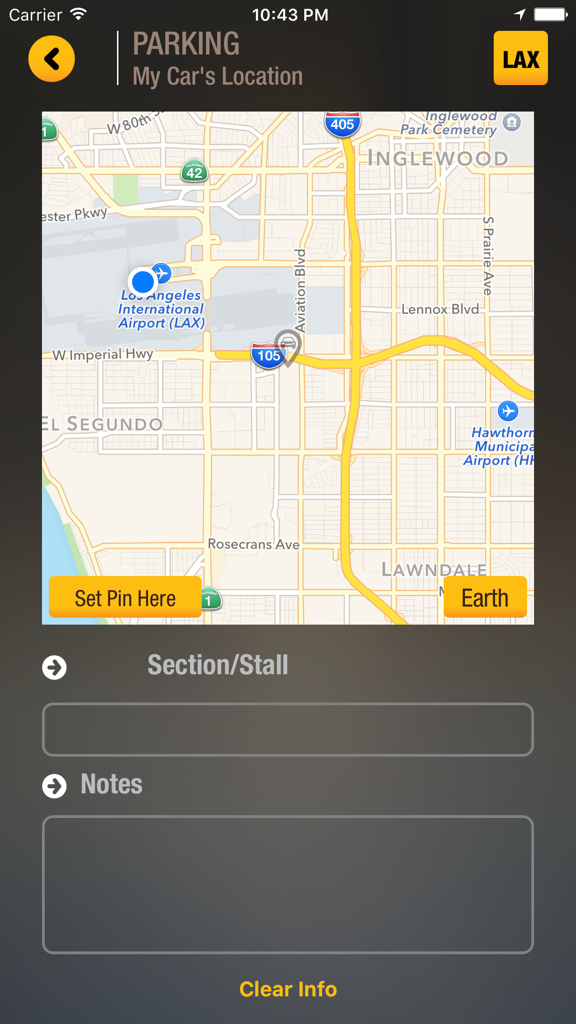 Terminal Buddy app screenshot showing the airport parking location tracker with a GPS map and notes section