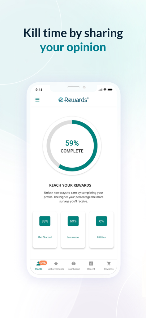 Interface de l'application e-Rewards montrant une barre de progression circulaire pour l'achèvement du profil afin de gagner des récompenses de sondage.