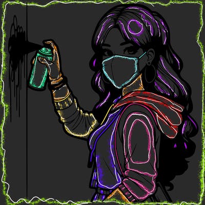 realistic girl with mask spray painting a wall