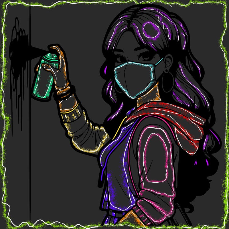 realistic girl with mask spray painting a wall