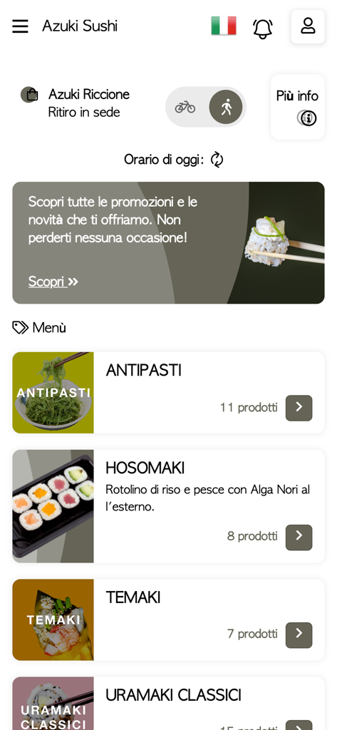 Azuki Sushi - Interfaz de la aplicación móvil Azuki Sushi que muestra categorías de menú para Antipasti, Hosomaki y Temaki