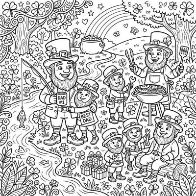 Bring joy to Father's Day with this delightful coloring page featuring leprechaun dads and their little ones. It's a whimsical tribute to fathers, full of festive activities and charming details.