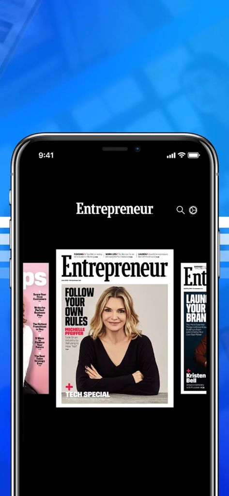 Entrepreneur Magazine - Schermata dello smartphone che mostra copertine di riviste digitali nell'app Entrepreneur
