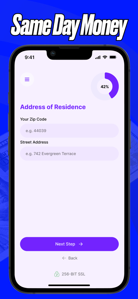 Cash Advance Now - By Ocoee. - Secure residential address input form in the Cash Advance Now mobile app interface