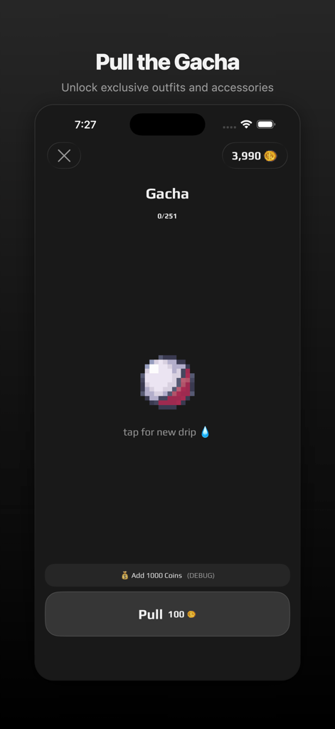 Peeps - For Friends & Couples - Tela de gacha do aplicativo Peeps para desbloquear roupas e acessórios exclusivos de pixel art.