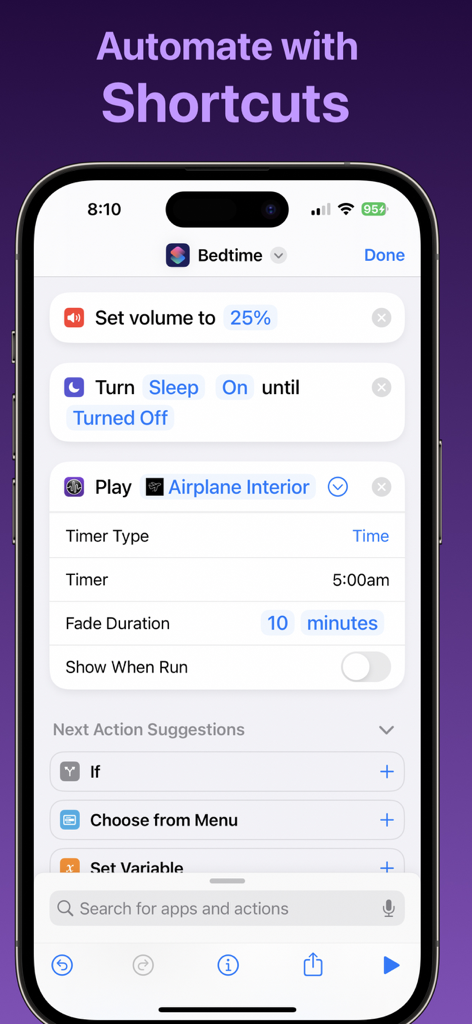 iOS Shortcuts interface showing an automated bedtime routine with Dark Noise ambient sounds.