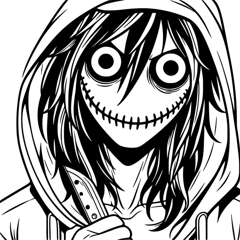 a man with long hair, a hoodie, a knife, a carved smile, and blood shot blue eyes