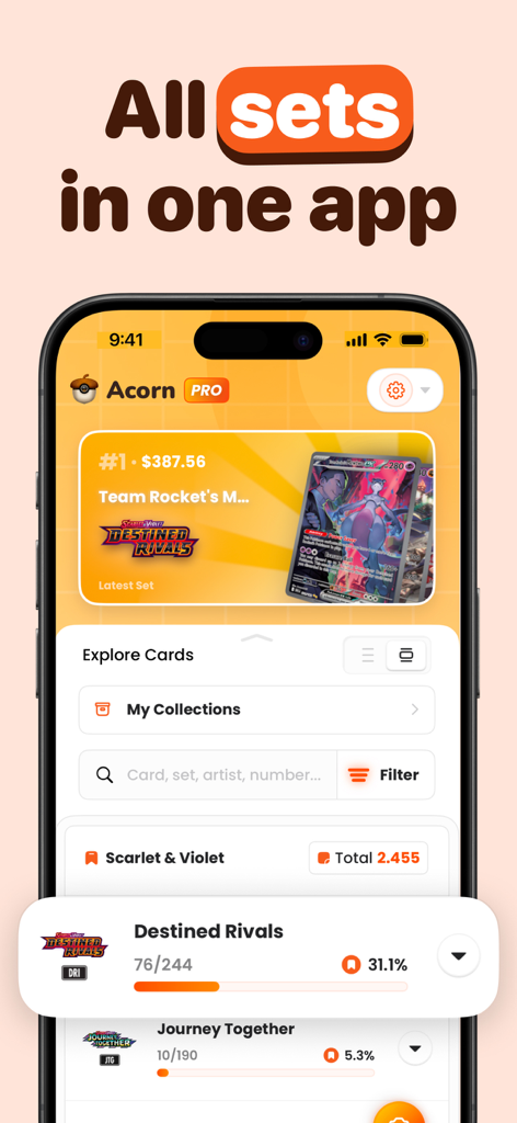 ポケモンカードのセット完成度追跡と市場価値を示すAcorn TCGアプリのインターフェースを示すiPhone画面