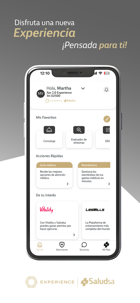 Saludsa mobile app home screen showing personalized dashboard with medical services like symptom evaluator and reimbursements