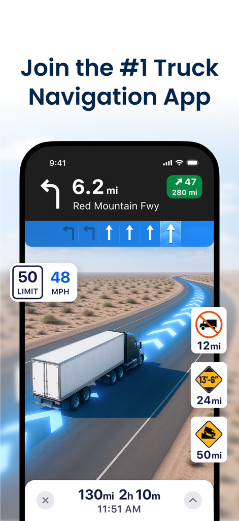 低いクリアランスと急勾配のアラートが表示されたトラック専用GPSナビゲーションを表示するTrucker Pathアプリ