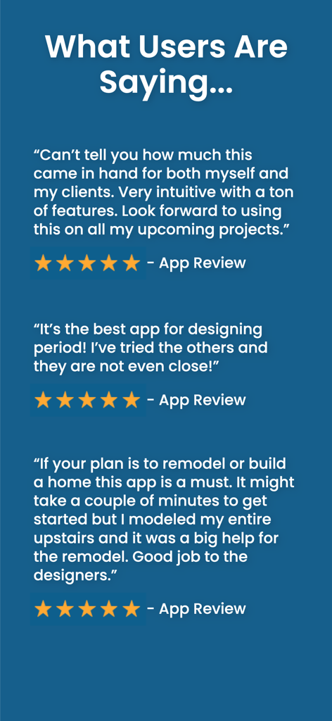 A collection of five star user testimonials for the Interior Design PRO app
