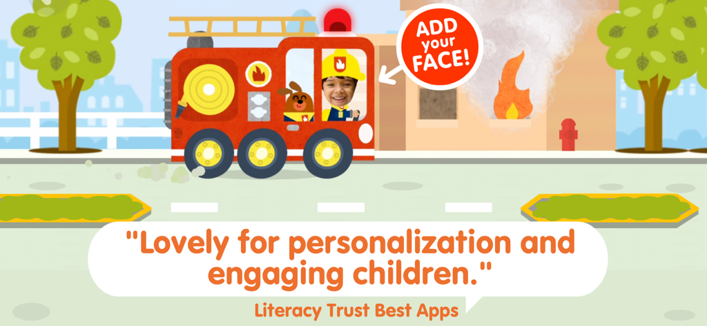 Car Game for Kids 2-5 - Camión de bomberos con la cara personalizada de un niño en la aplicación Car Game for Kids