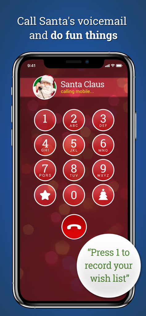 Call Santa Claus! create video - A mobile phone screen showing a festive red dial pad to call Santa Claus voicemail and record a wish list