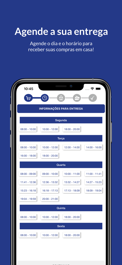 Pague Menos Supermercado - Mobile app screen for scheduling grocery delivery times
