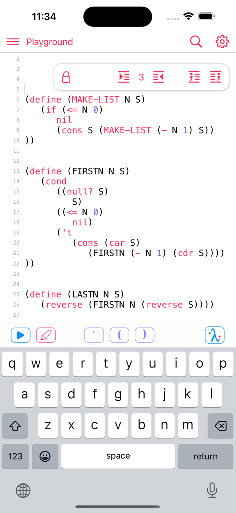 My Lisp - iPhone의 My Lisp 앱 코드 편집기에서 목록 조작 함수 및 구문 강조 표시를 보여줍니다.