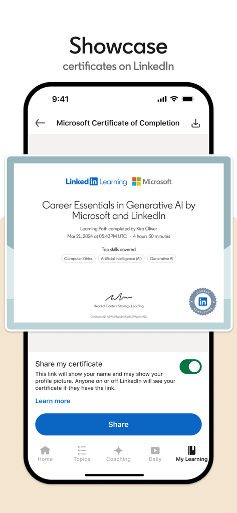 A digital certificate for a Generative AI course on the LinkedIn Learning mobile app with an option to share on a profile