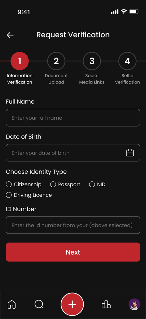 Tela de verificação de identidade no KuKu App mostrando o primeiro passo do processo, incluindo formulários para nome e data de nascimento.