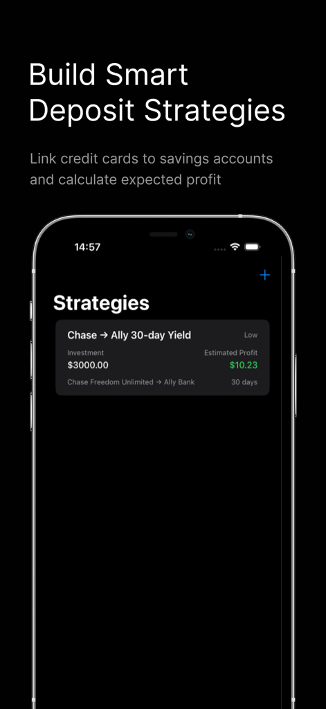 Passive Income — ProfitLoop - Interface mobile de l'application ProfitLoop montrant une stratégie d'arbitrage de carte de crédit à épargne avec profit estimé.