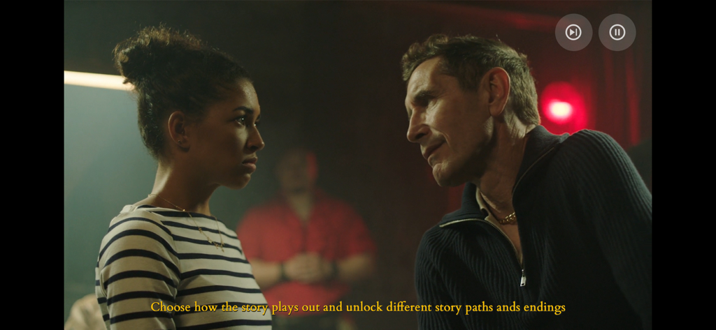 Eine angespannte filmische Konfrontation zwischen zwei Charakteren im interaktiven Spiel Mia and the Dragon Princess.