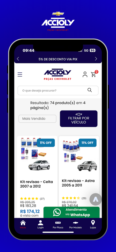 Interface do aplicativo móvel Accioly GM mostrando um catálogo de peças originais Chevrolet, kits de manutenção e uma opção de filtro de veículo.