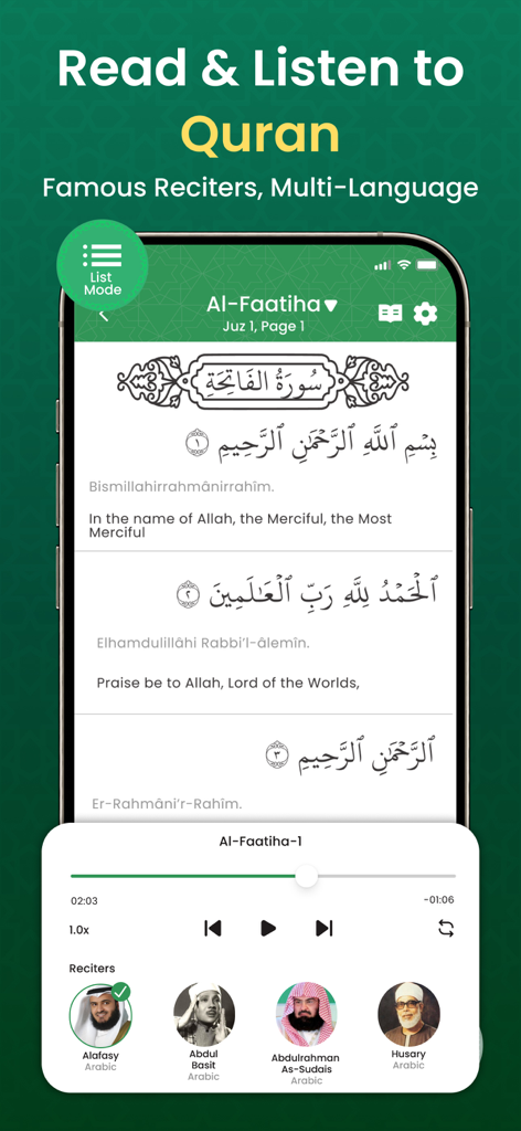 Quran reading and audio player interface with multiple reciters