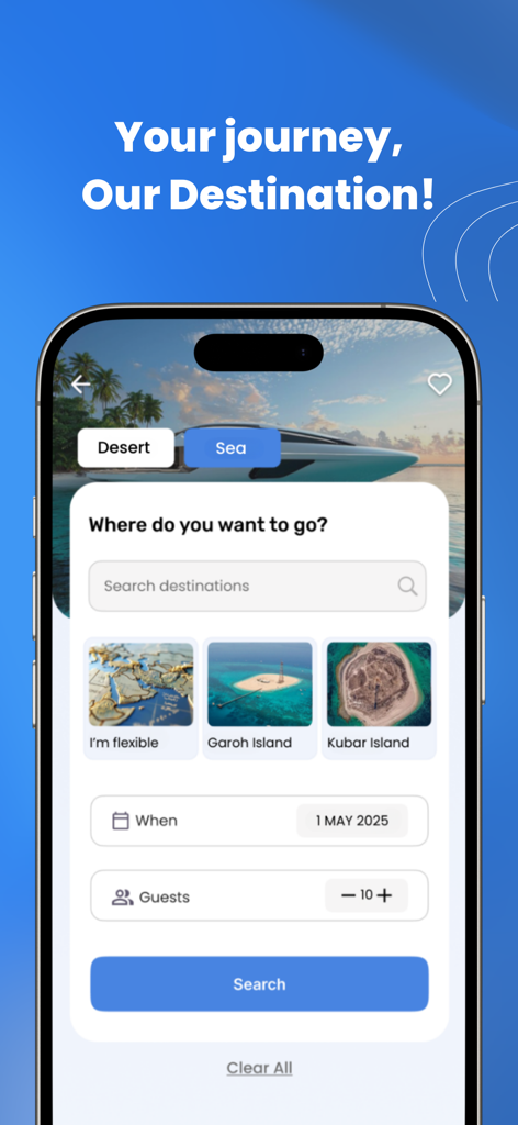 Coastals - Interfaz de aplicación móvil de Coastals mostrando la pantalla de búsqueda de destinos de viaje por mar y desierto
