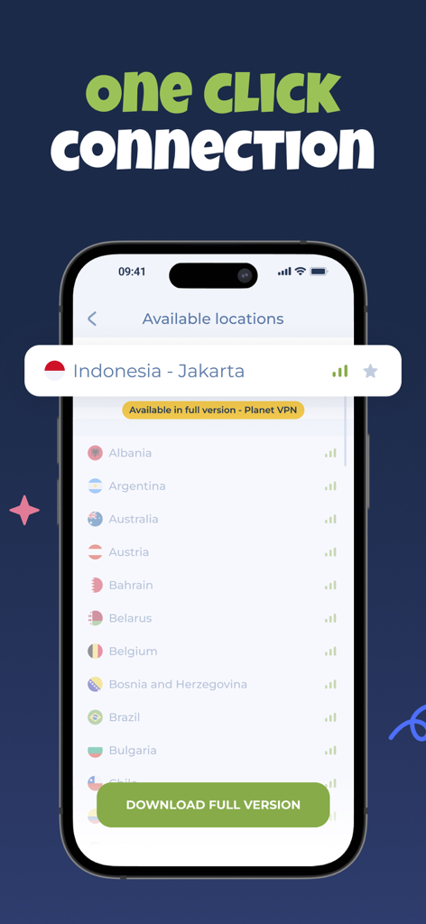 VPN Indonesia - Turbo Private - Mobile app interface showing a one click connection feature to a Jakarta server among a list of international VPN locations