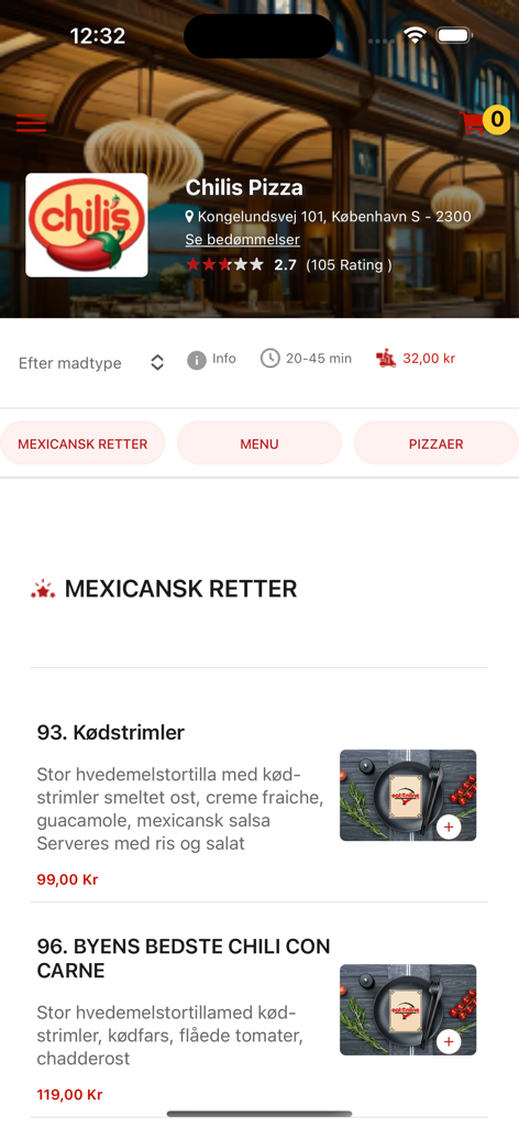 Chilis Pizza - The Chilis Pizza mobile app menu displaying Mexican dishes and prices in Copenhagen