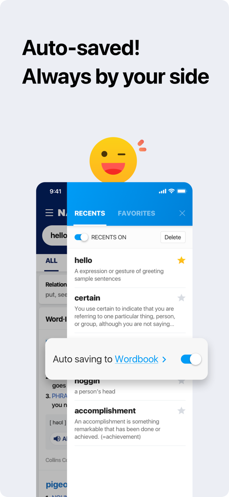 NAVER Dictionary - Interface móvel do Dicionário NAVER mostrando o recurso de salvamento automático para o Caderno de Palavras.