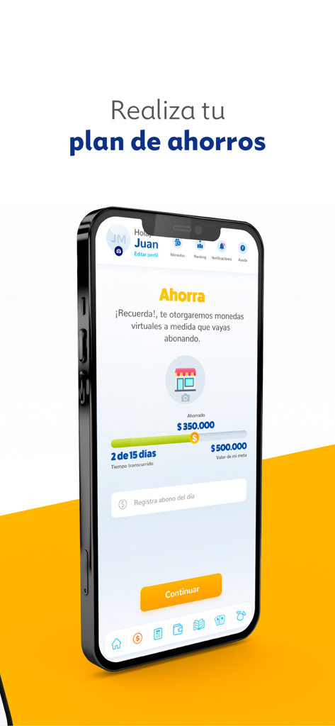 Aplicación Miga - Mobile screen of Miga app showing a savings goal progress bar and daily deposit entry in Spanish