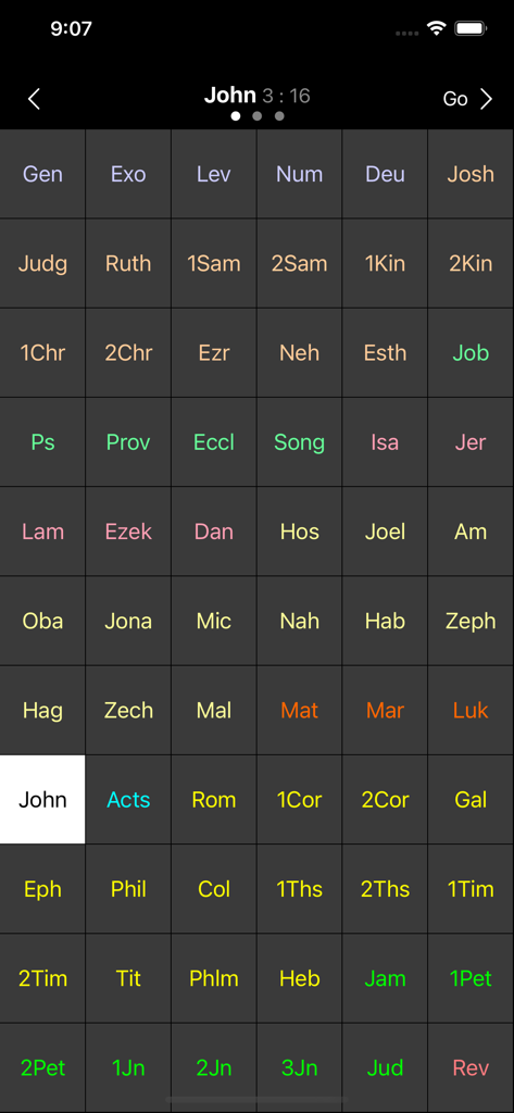 MyBible - A grid of Bible book abbreviations in dark mode within the MyBible app.