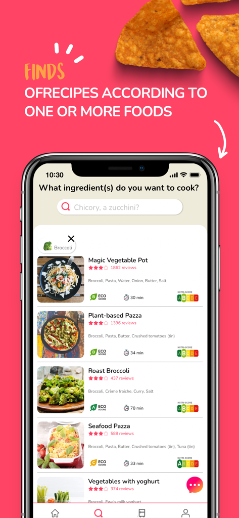 Frigo Magic : French Recipes - 選択された材料としてのブロッコリーに基づいたレシピの提案を表示するモバイルアプリインターフェース