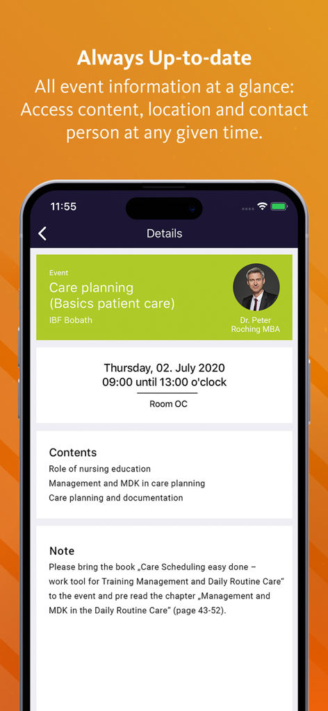 easySoft App Education - A smartphone screen showing event details for a care planning training session including date time location and instructor information