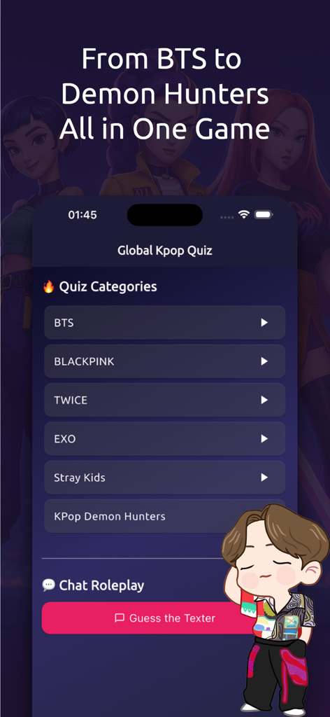 Kpop Idol PopQuiz - Interfaz de aplicación móvil que muestra categorías de quiz de Kpop para grupos como BTS y Blackpink con un botón de adivina quién escribió.