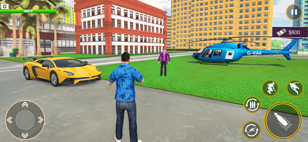 Vegas Gangster Crime Car Games - A third-person gameplay view featuring a character standing near a yellow sports car and a blue helicopter in an urban city setting.