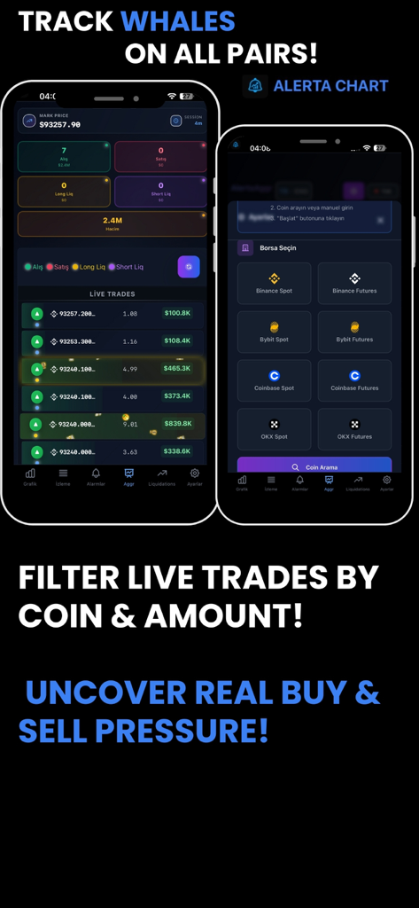 Mobile app interface showing real time crypto whale tracking and trade aggregation across multiple exchanges