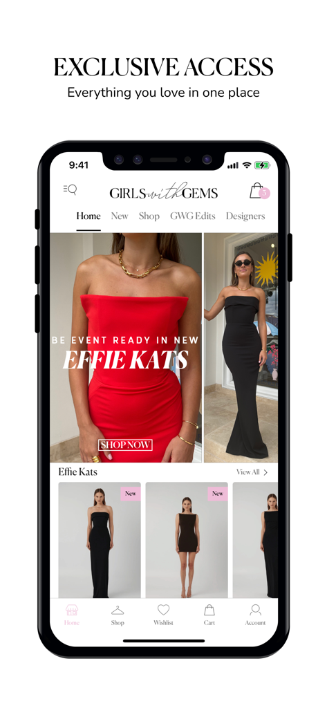 Girls with Gems - Girls with Gems mobile app interface featuring Effie Kats luxury event wear collection