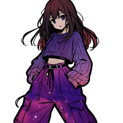 anime teen girl with baggy pants and crop top with sweater