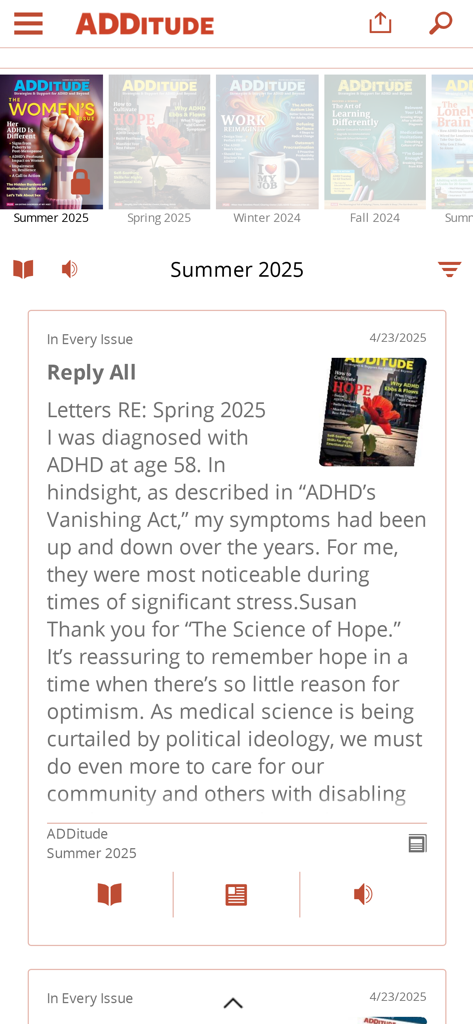 ADDitude Magazine - User interface of the ADDitude Magazine app showing ADHD-related digital magazine covers and articles.